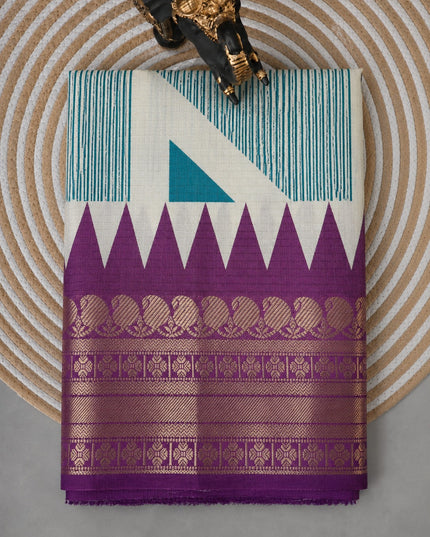 Koren Crepe  Saree With Geometrical Design Ganga Jamuna Border-  Sea Green