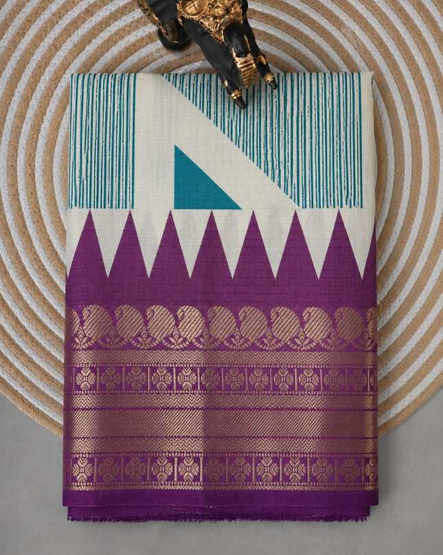 Koren Crepe  Saree With Geometrical Design Ganga Jamuna Border-  Sea Green
