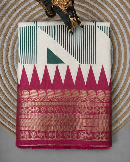 Koren Crepe  Saree With Geometrical Design Ganga Jamuna Border-  Bottle Green