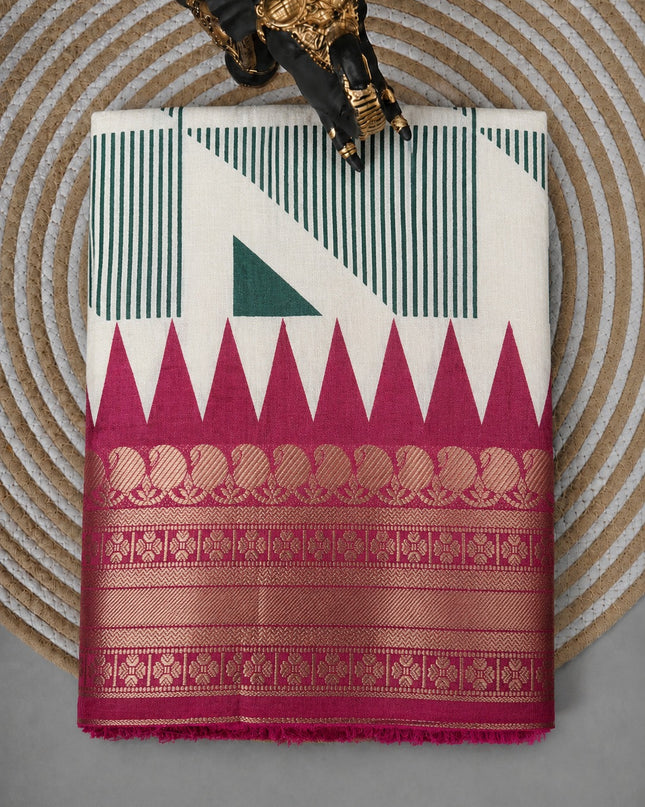 Koren Crepe  Saree With Geometrical Design Ganga Jamuna Border-  Bottle Green
