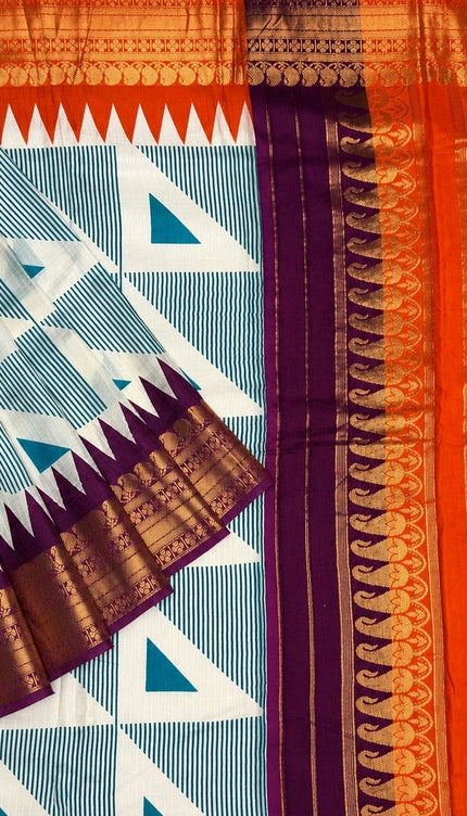 Koren Crepe  Saree With Geometrical Design Ganga Jamuna Border-  Sea Green