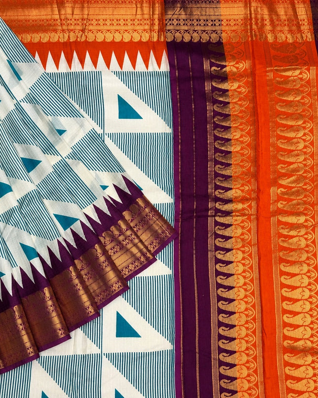 Koren Crepe  Saree With Geometrical Design Ganga Jamuna Border-  Sea Green