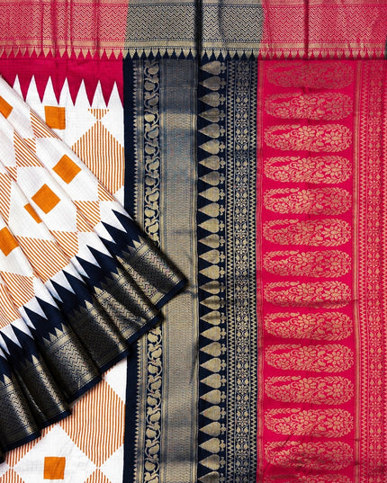 Koren Crepe  Saree With Geometrical Design Ganga Jamuna Border-  Beige