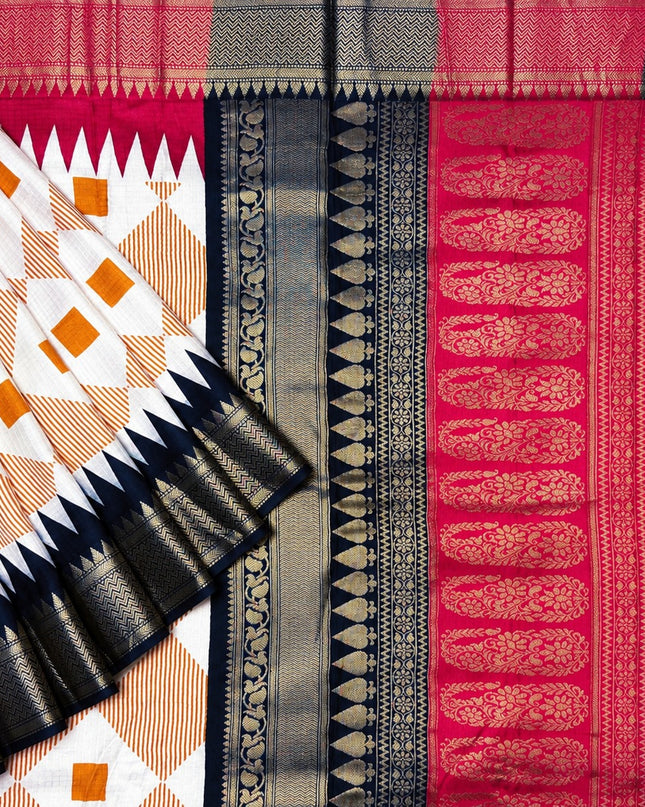 Koren Crepe  Saree With Geometrical Design Ganga Jamuna Border-  Beige
