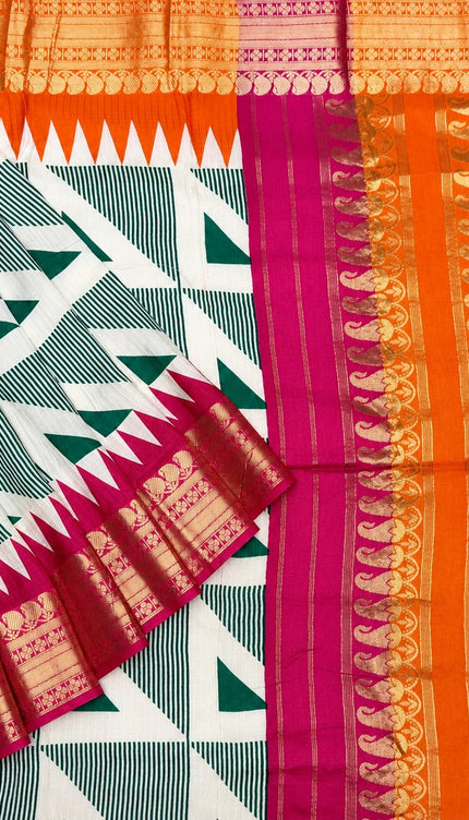 Koren Crepe  Saree With Geometrical Design Ganga Jamuna Border-  Bottle Green