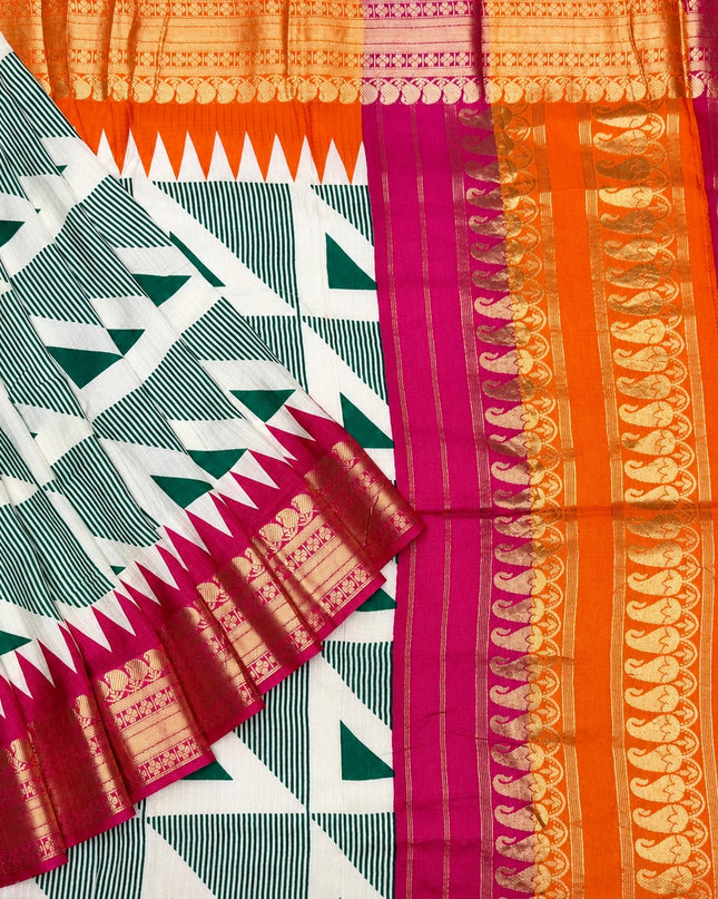 Koren Crepe  Saree With Geometrical Design Ganga Jamuna Border-  Bottle Green