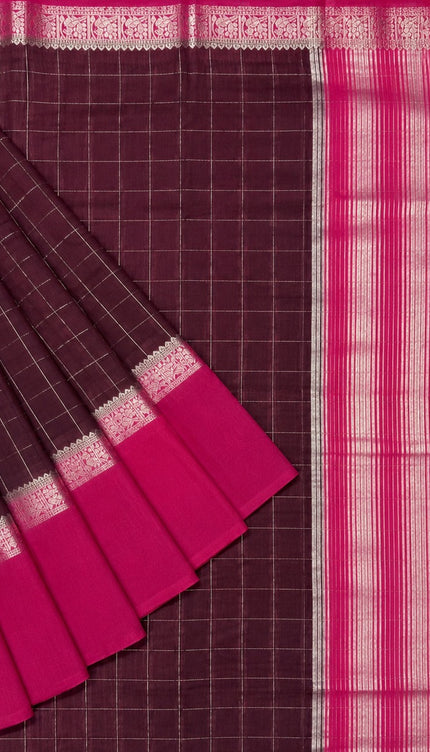 Munga Silk Saree With Vintage Design Golden Checks Design Contrast Border- Brown &Magenta