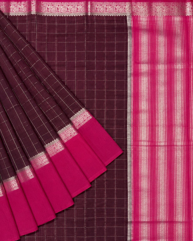 Munga Silk Saree With Vintage Design Golden Checks Design Contrast Border- Brown &Magenta