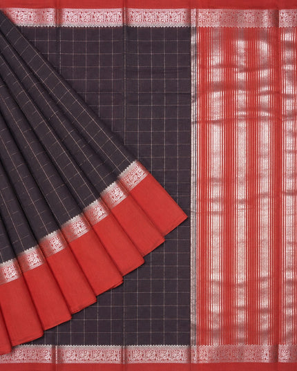 Vintage saree with Golden Checks Design Contrast Border- Coffee Brown