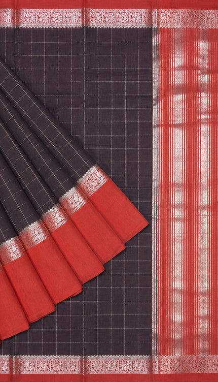 Vintage saree with Golden Checks Design Contrast Border- Coffee Brown