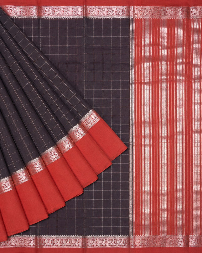 Vintage saree with Golden Checks Design Contrast Border- Coffee Brown
