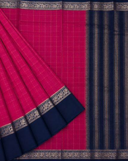 Munga Silk Saree With Vintage Design Golden Checks Design Contrast Border- Magenta