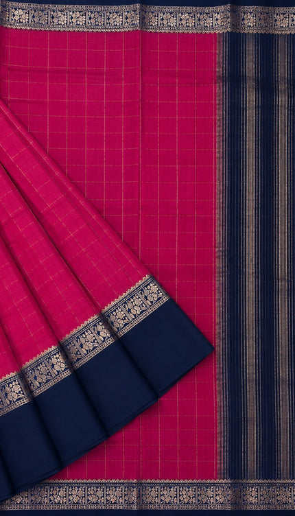 Munga Silk Saree With Vintage Design Golden Checks Design Contrast Border- Magenta