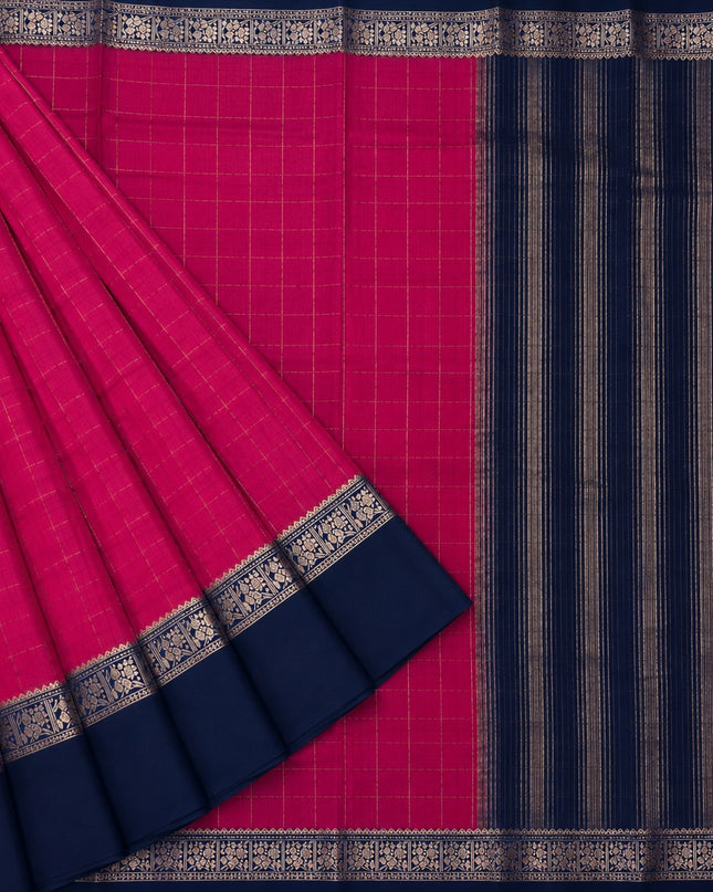 Munga Silk Saree With Vintage Design Golden Checks Design Contrast Border- Magenta