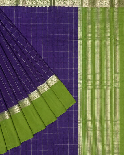 Munga Silk Saree With Vintage Design Golden Checks Design Contrast Border- Violet