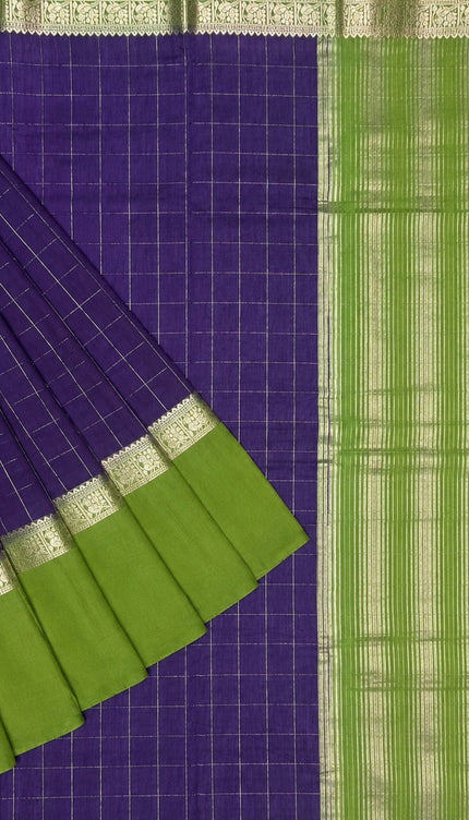 Munga Silk Saree With Vintage Design Golden Checks Design Contrast Border- Violet