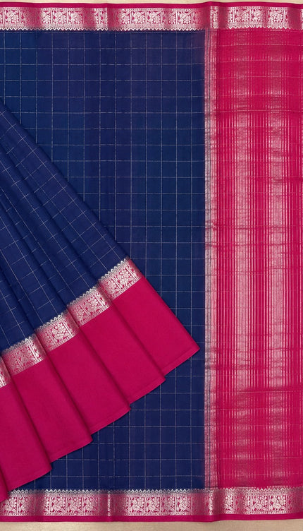 Munga Silk Saree With Vintage Design Golden Checks Design Contrast Border- Peacock blue