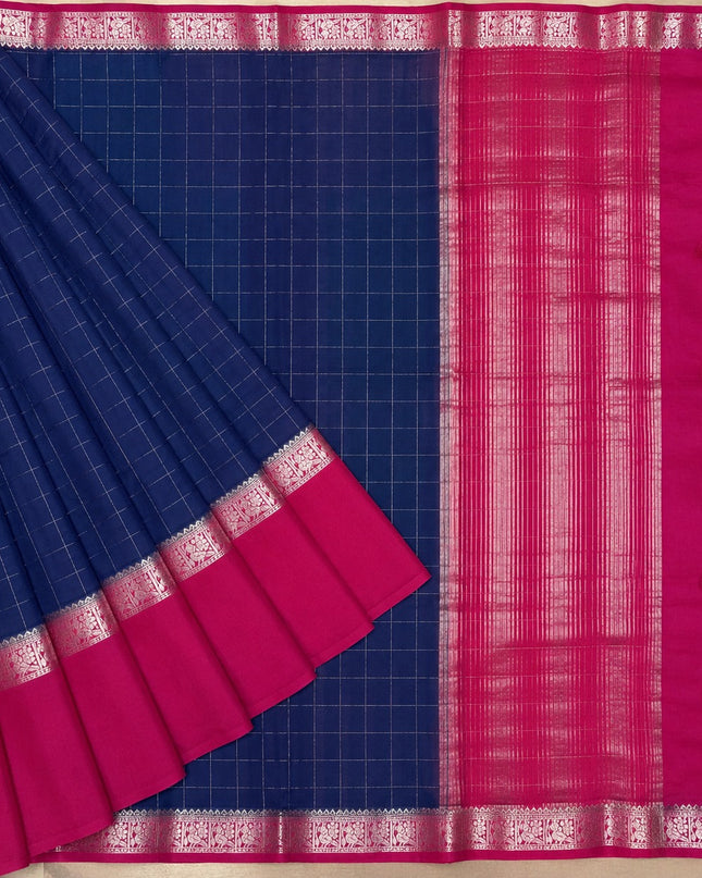 Munga Silk Saree With Vintage Design Golden Checks Design Contrast Border- Peacock blue