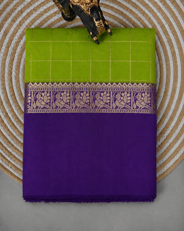 Munga Silk Saree With Vintage Design Golden Checks Design Contrast Border- Green