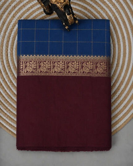 Munga Silk Saree With Vintage Design Golden Checks Design Contrast Border- Blue & Brown