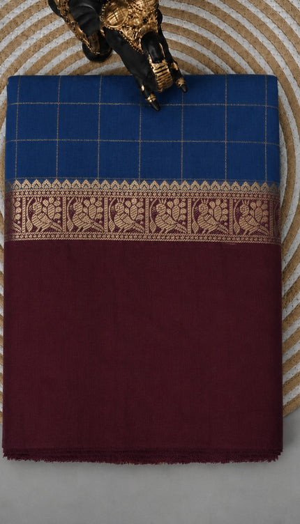 Munga Silk Saree With Vintage Design Golden Checks Design Contrast Border- Blue & Brown