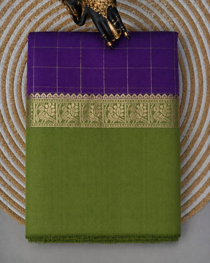 Munga Silk Saree With Vintage Design Golden Checks Design Contrast Border- Violet