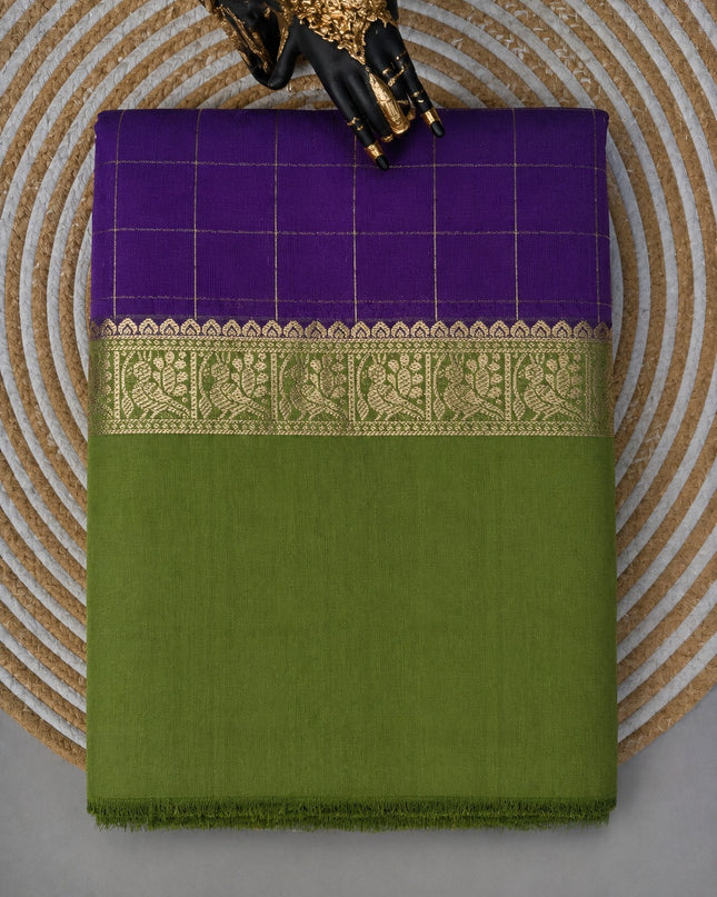 Munga Silk Saree With Vintage Design Golden Checks Design Contrast Border- Violet