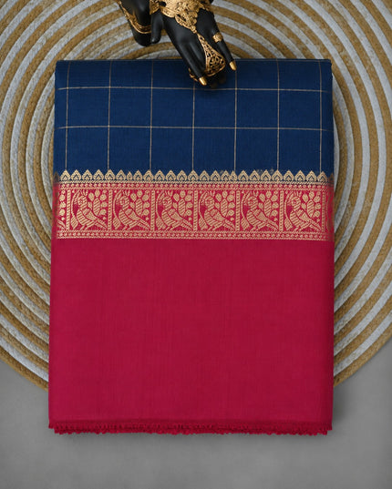 Munga Silk Saree With Vintage Design Golden Checks Design Contrast Border- Peacock blue