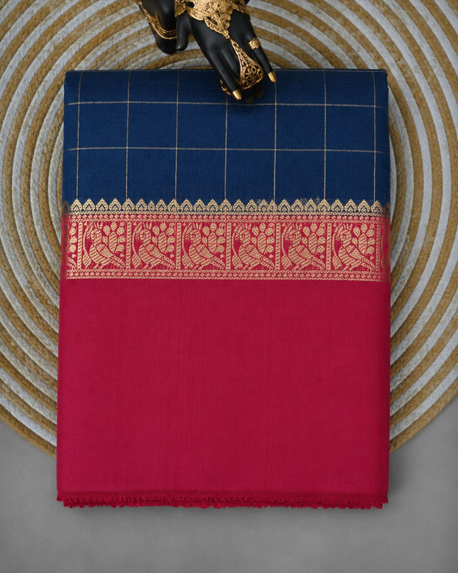 Munga Silk Saree With Vintage Design Golden Checks Design Contrast Border- Peacock blue
