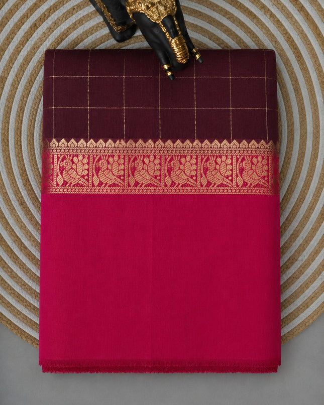 Munga Silk Saree With Vintage Design Golden Checks Design Contrast Border- Brown &Magenta