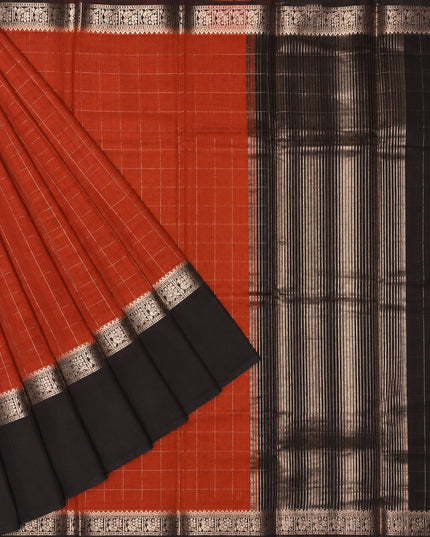 Munga Silk Saree With Vintage Design Golden Checks Design Contrast Border- Rust
