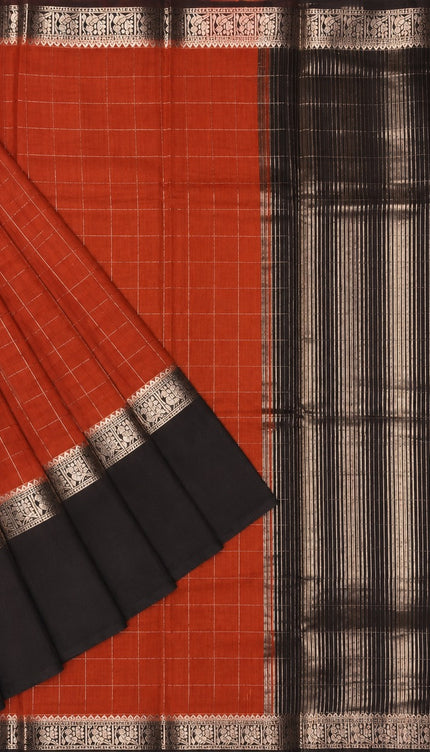 Munga Silk Saree With Vintage Design Golden Checks Design Contrast Border- Rust