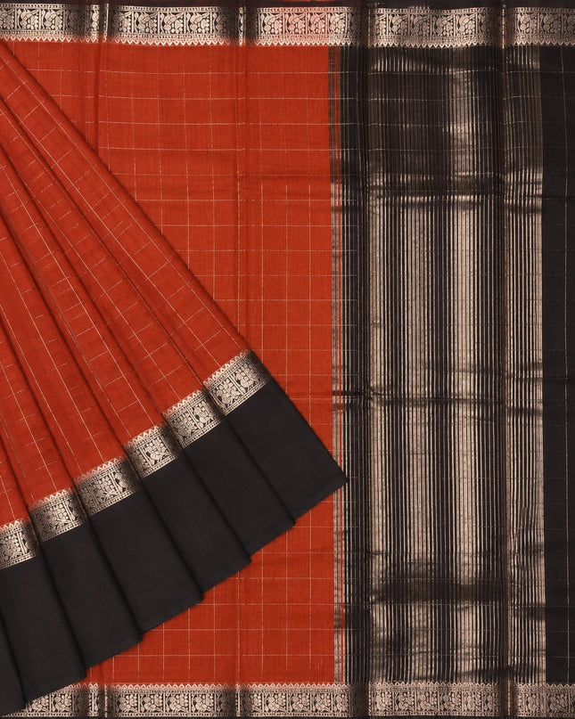Munga Silk Saree With Vintage Design Golden Checks Design Contrast Border- Rust