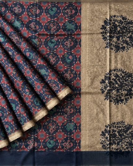 Tusser Silk Saree with Patola Print and Contrast Border - Navy Blue