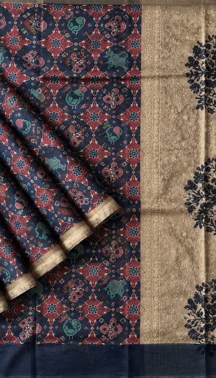 Tusser Silk Saree with Patola Print and Contrast Border - Navy Blue
