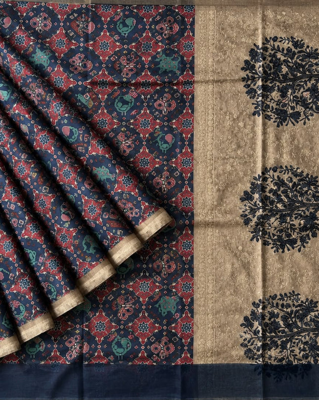 Tusser Silk Saree with Patola Print and Contrast Border - Navy Blue