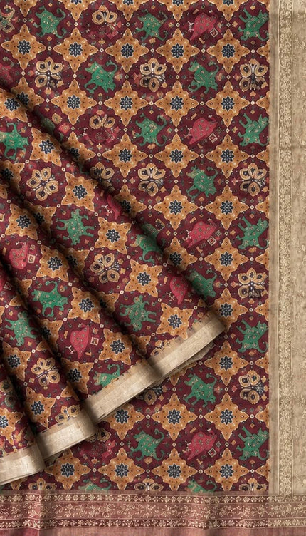 Tusser Silk Saree with Patola Print and Contrast Border - Maroon