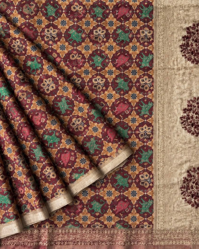 Tusser Silk Saree with Patola Print and Contrast Border - Maroon
