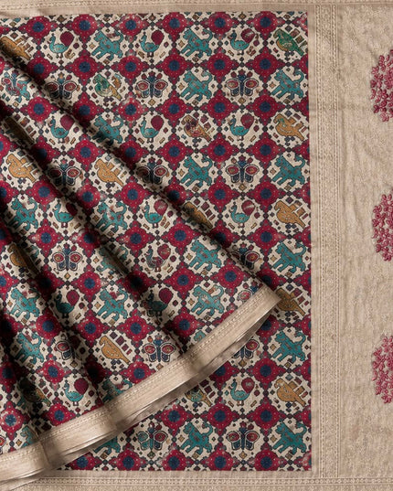 Tusser Silk Saree with Patola Print and Contrast Border - Tan