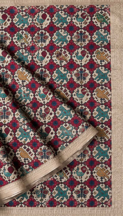 Tusser Silk Saree with Patola Print and Contrast Border - Tan