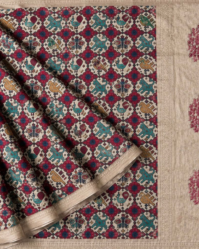 Tusser Silk Saree with Patola Print and Contrast Border - Tan