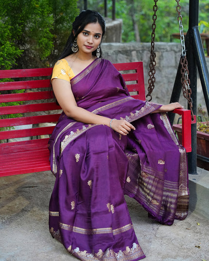 Banaras Silk Saree Gold and Silver Zari Butties and  Gap Border- Wine