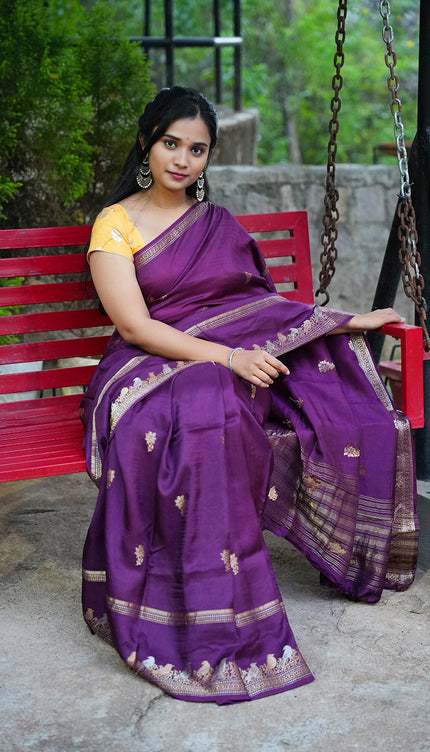 Banaras Silk Saree Gold and Silver Zari Butties and  Gap Border- Wine