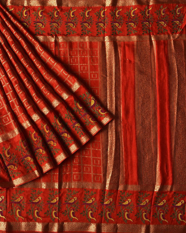 Chinon Crepe Saree With Golden Checks Design and Thread Embroidery Border -  Orange