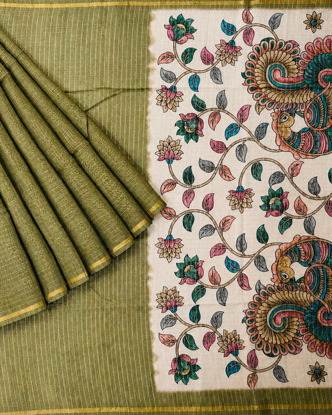 Tusser Silk Saree With All over Golden Checks Design and Kalamkari Pallu - Mehandi Green