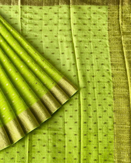 Chiffon Saree With Gold & Silver Zari  Checks Design  Butties and Gold Zari Flower Design Border-  Parrot Green