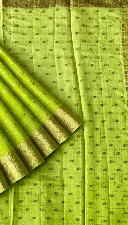 Chiffon Saree With Gold & Silver Zari  Checks Design  Butties and Gold Zari Flower Design Border-  Parrot Green
