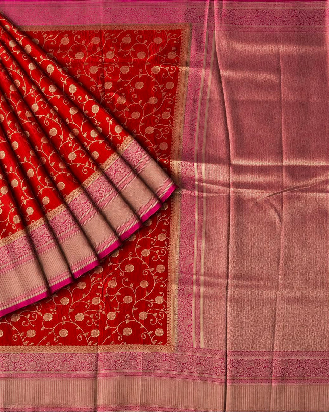 Banaras Saree With All Over Golden Zari Leaf Design and Zari Kaddi Border - Red