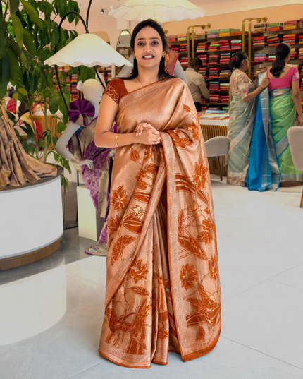 Heritage Banaras Saree With Gold and Silver Zari Weaving Lotus Design -Orange