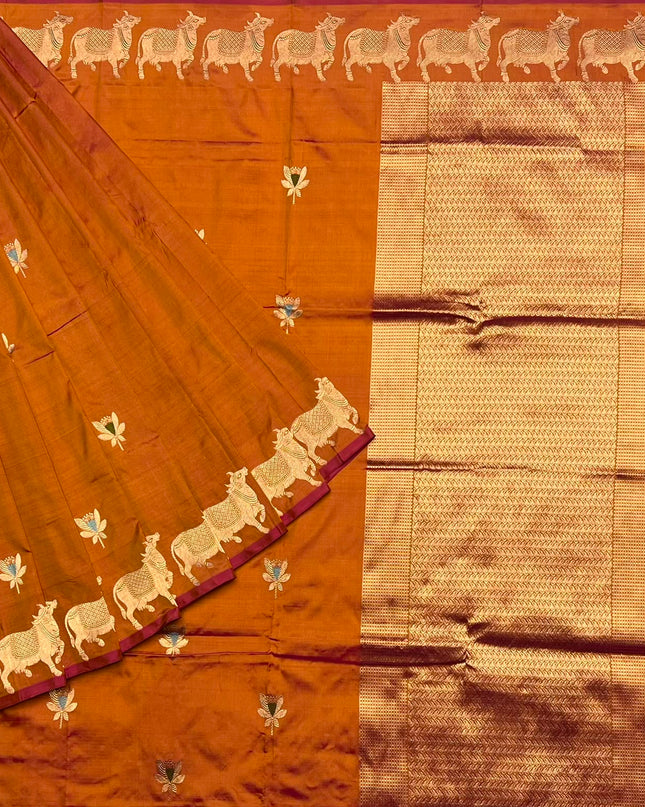 Kathan Silk Saree With All over Golden Flower  Buttes and Golden Zari Weaving Cow Border - Light Orange